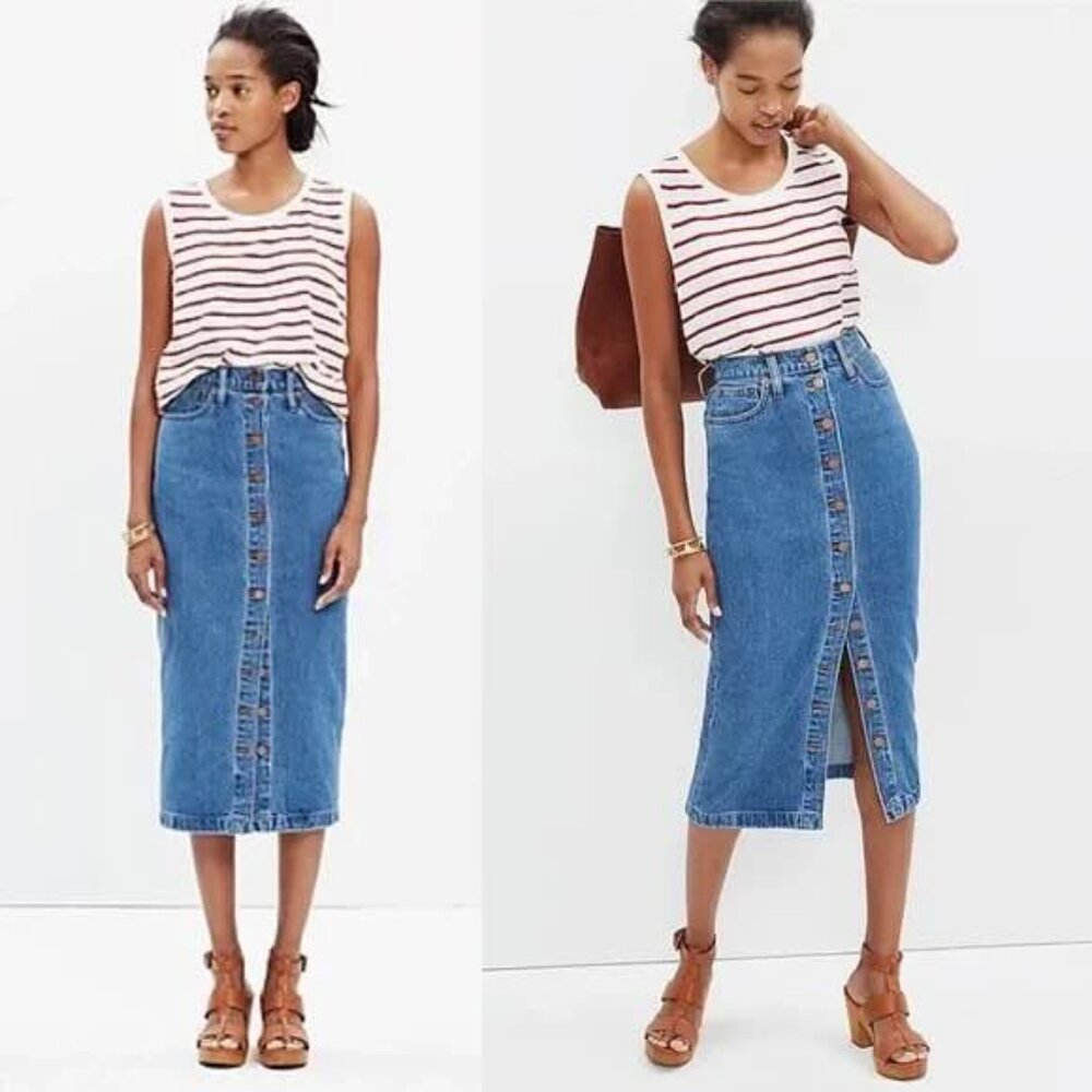 Madewell midi button front denim skirt size 25, 100%cotton